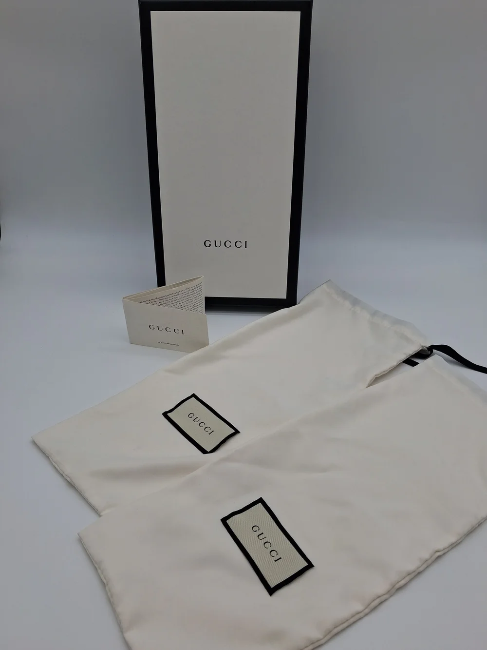 GUCCI Black White Gift Box 2 Dust Bags Tissue Care Booklet Packaging Set EUC